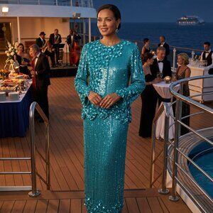 Scala VTG Tunic Teal India Silk Sequin Formal Dress Top Skirt MOB Evening S